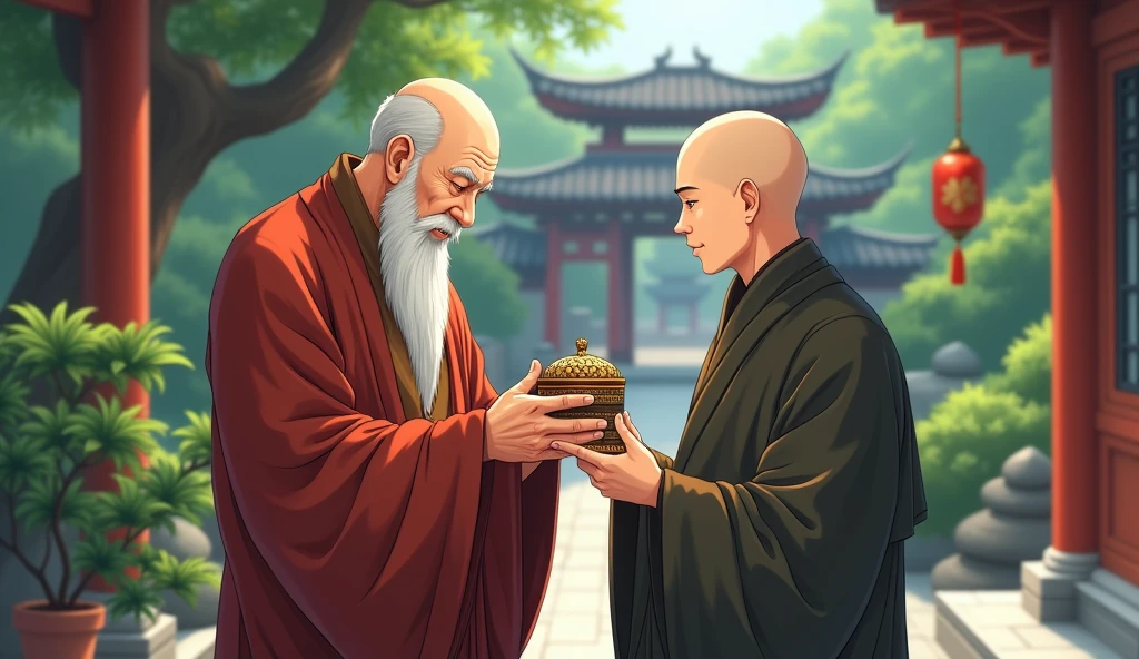 Chinese bald old monk sensei giving a tiny box to his bald monk student, fat, standing, in anime style, beautiful scenario, temple's, trees, wisdom full,
