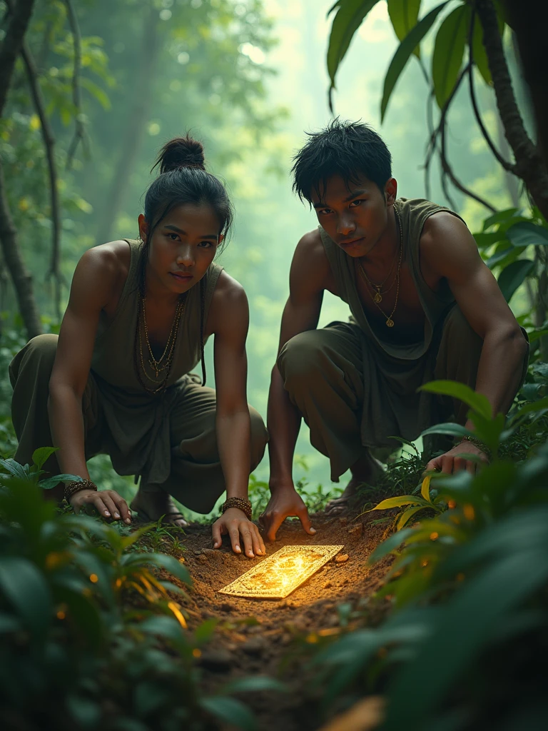 Two Cambodian hunters sit near a treasure in the forest, looking from behind
