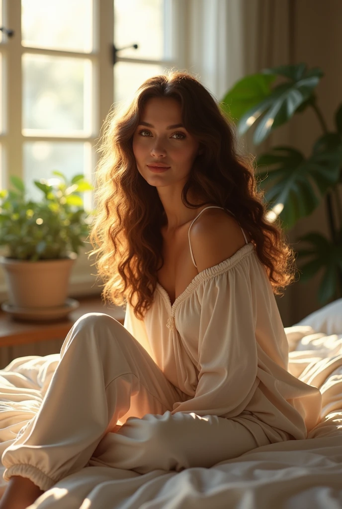 (photorealism:1.2), beautiful woman, sitting on bed, wearing loose off-shoulder top, pajama pants, long curly hair, indoors, soft lighting, plants in background, window with sunlight, cozy room, relaxed pose, realistic, intricate details, warm colors, by Greg Rutkowski, by Alphonse Mucha