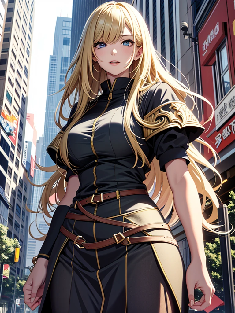 Masterpiece、High resolution、Detailed expression、Giant Woman、18 meters tall、In a city building、Her hair is medium-long and blonde.