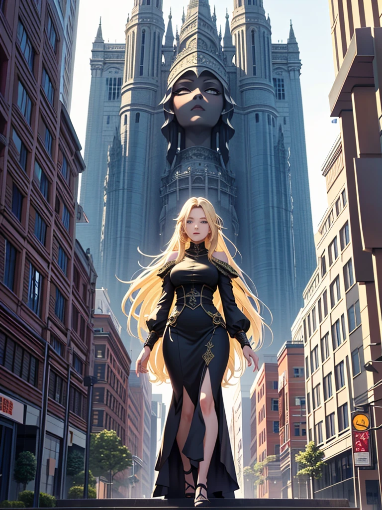 Masterpiece、High resolution、Detailed expression、Giant Woman、18 meters tall、In a city building、Her hair is medium-long and blonde.