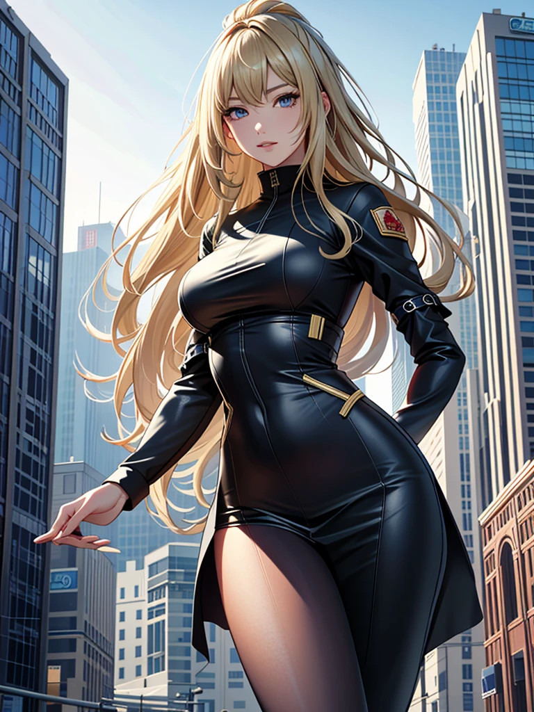 Masterpiece、High resolution、Detailed expression、Giant Woman、18 meters tall、In a city building、Her hair is medium-long and blonde.