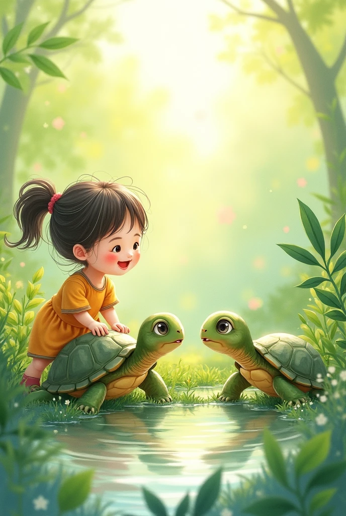 Draw a bunch of cute turtles,Then there was a person(girl),The whole thing looks cute,Cute illustration style