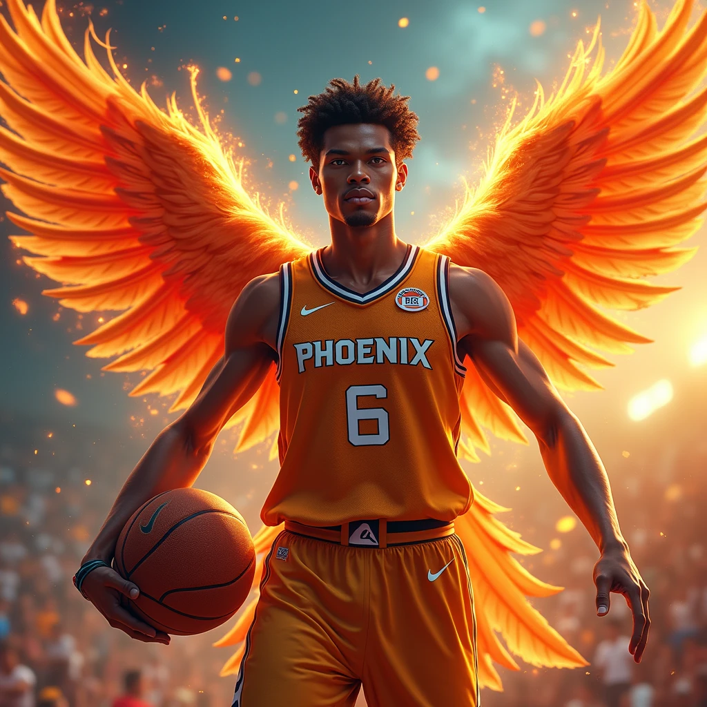 A detailed, fantasy sports team player portrait of a phoenix basketball player, "Phoenix" logo on uniform, highly detailed face with beautiful eyes and lips, muscular athletic body, phoenix wings, holding a basketball, dynamic action pose, dramatic lighting, digital art, vibrant colors, intricate details, 8k, photorealistic, cinematic