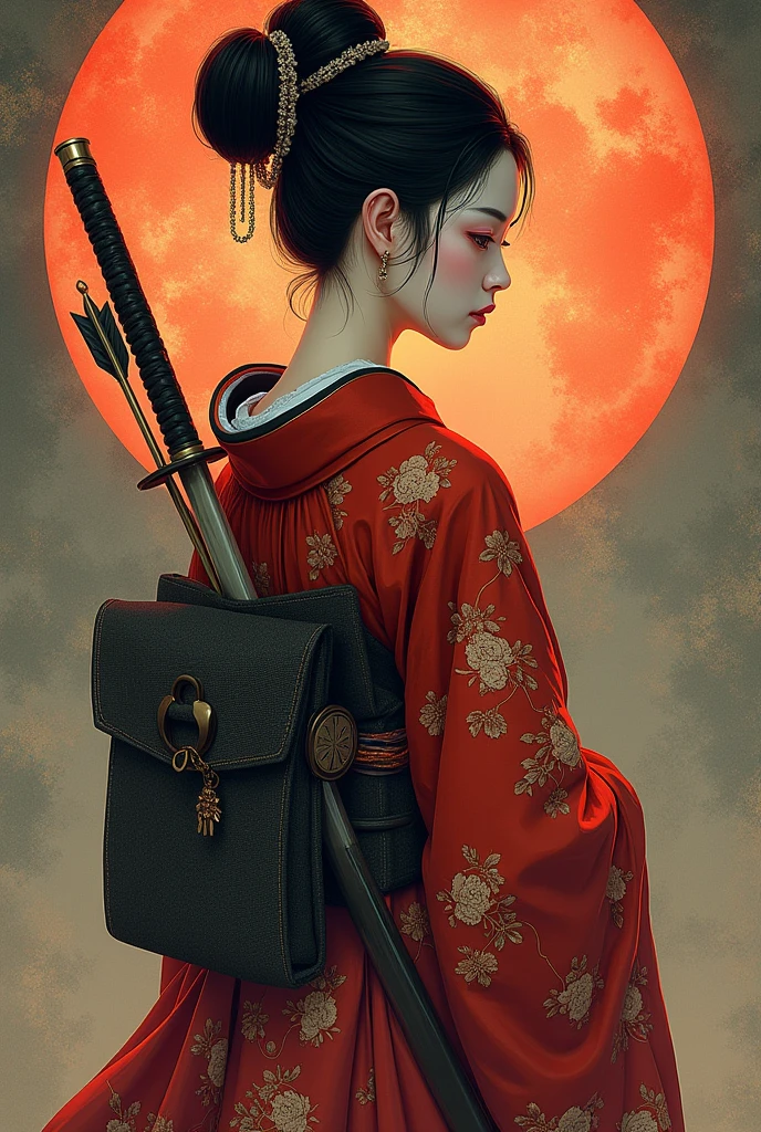 (Ultra-detailed face, looking away, Fantasy Illustration with Gothic, Ukiyo-e, Comic Art, Rich colors), BREAK (Japanese courtesan of the Heian period (794-1185), wearing a black eboshi (headgear), a pair of bracelets over the ears, a vermilion-embroidered robe with a hem of a gesho (undergarment) reaching from the waist to the ground, a hanabuto (half arm) visible under the collar, a belt with a hirago (a flat cord) around the waist, a ceremonial sword with an inlay on the belt, an arrow barrel on his back, an arrow in the barrel, a bow about his height, and a white thimble with a white thong and black leather shoes. He wears white thimble and black leather shoes.)