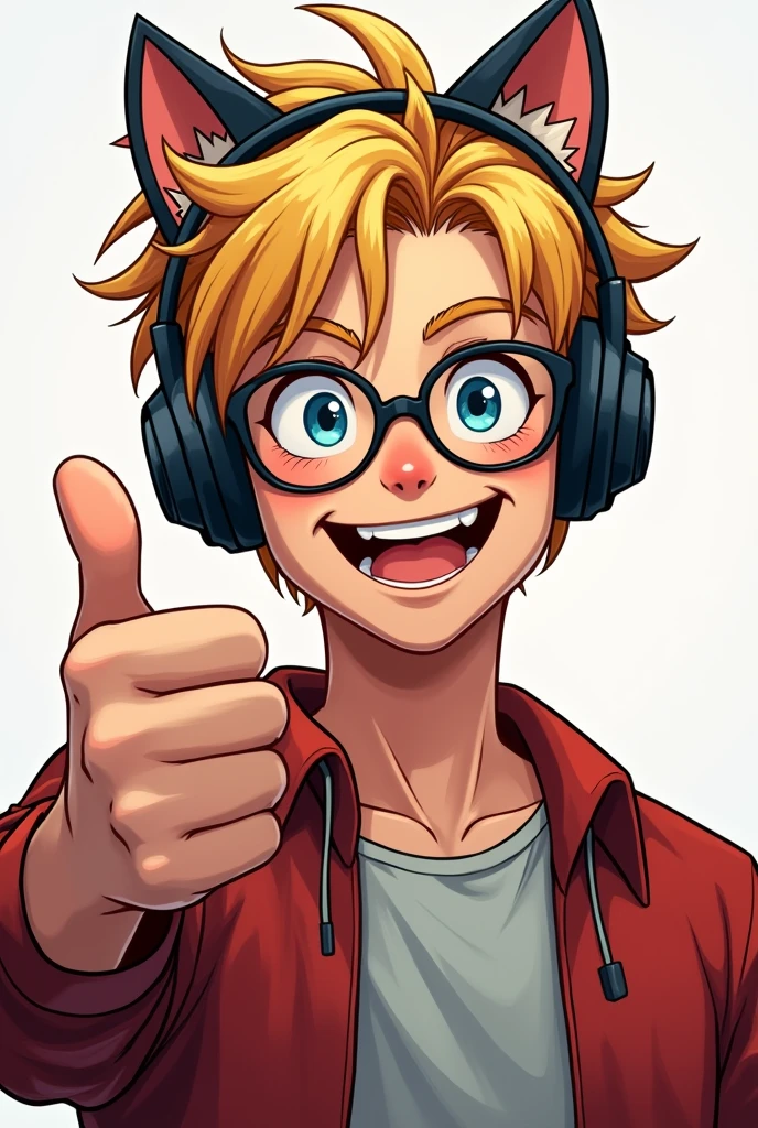 A 20 year old nerdy blonde man with messy hair and glasses wearing cat ear headphones, unshaved, giving a thumbs up with an inviting expression, DC comics style
