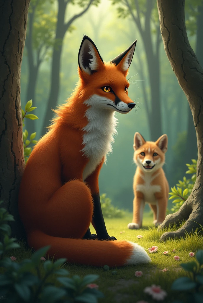 A fox thinking about scary lion cub