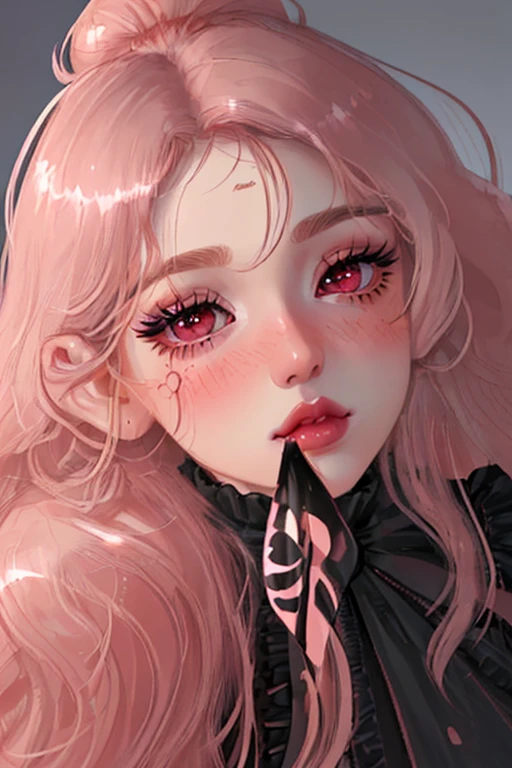 1 girl, close up shot, detailed face, cute face, peach skin tone, smooth skin, blush red cheeks and face, light smirk, long curly hair, attractive makeup, heavy makeup, long eyelashes, long eyeliner, excessive eye makeup, black smokey eyeshadow, heavy eyeshadow, glossy baby pink lipstick, glossy lips, heavy makeup, soft light