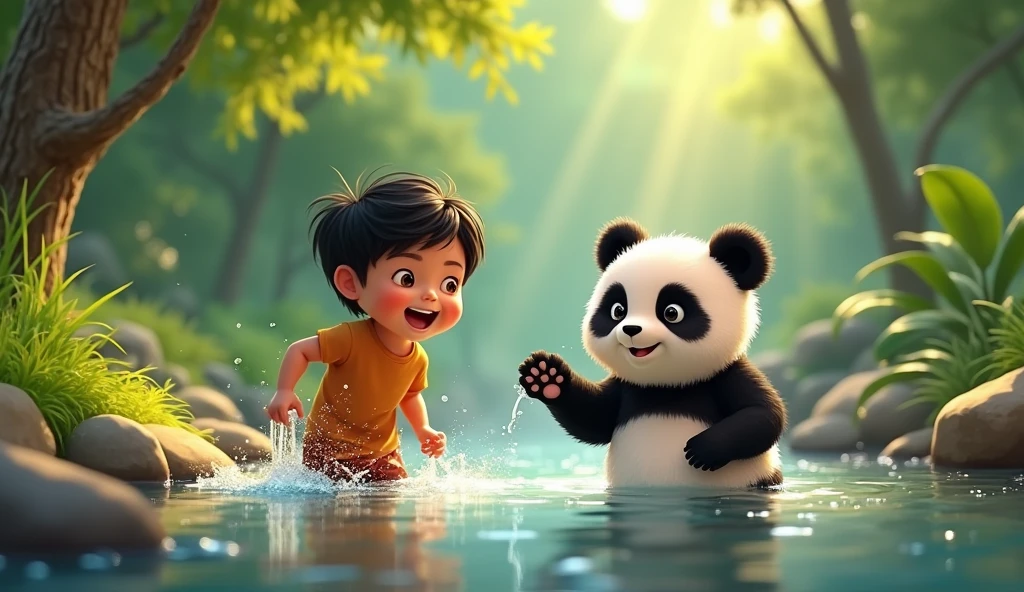 Splashing in the Stream:

"Ayan and Panda splashing in a cool, clear stream that runs through the forest. The water sparkles in the sunlight, and both are laughing joyfully. Ayan is playfully splashing water towards Pari, who is clumsily trying to catch the droplets with her little paws. The scene is surrounded by rocks and green vegetation."