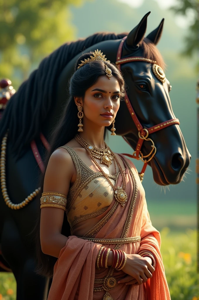 A south indian beautiful queen , shes very beautiful and peaceful with black horse