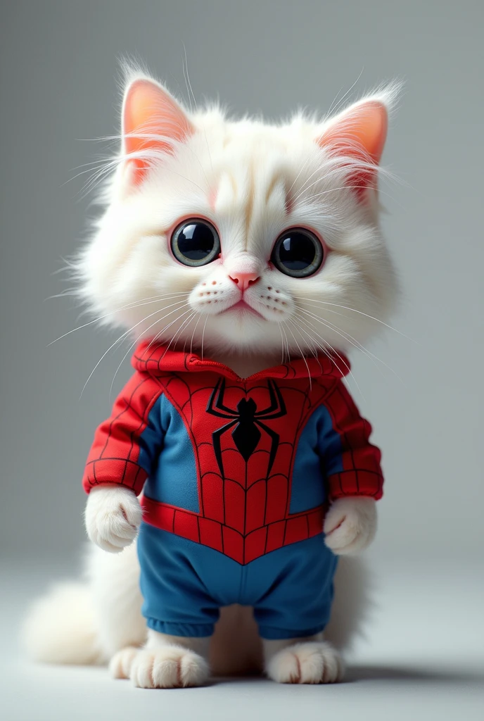 White cat in spiderman suit