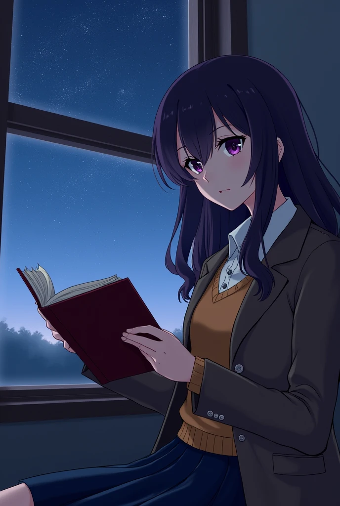 Yuri from Doki Doki Literature Club, Violet eyes, dark purple long hair, dark blue skirt, white buttoned shirt under a orange brown sweater under a dark brown formal jacket, reading a dark red book, on class, window with a bunch of stars outside.