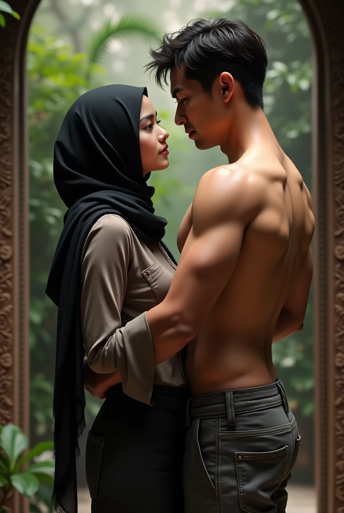 Sexy young lady in hijab romance with a handsome hot full naked man in Asian side realistic