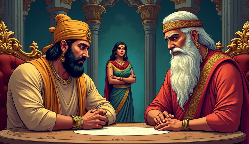 Comic style : King Subala and Shakuni discussing the proposal, with Gandhari listening in the background.