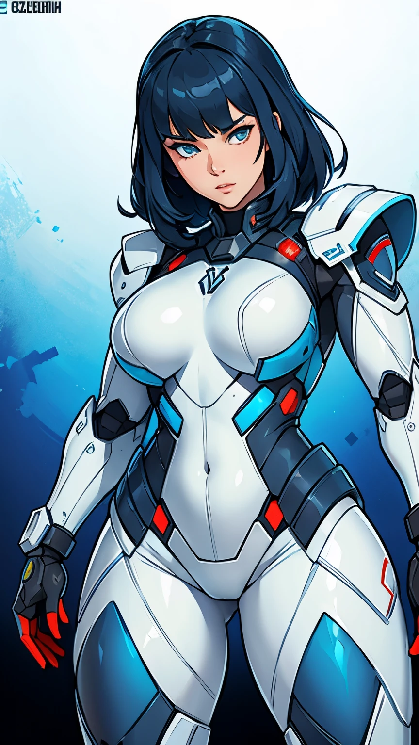 RUSSIAN WAIFU, in a combat exo-suit, very clear detail, suit colors white blue and red, bottom view 