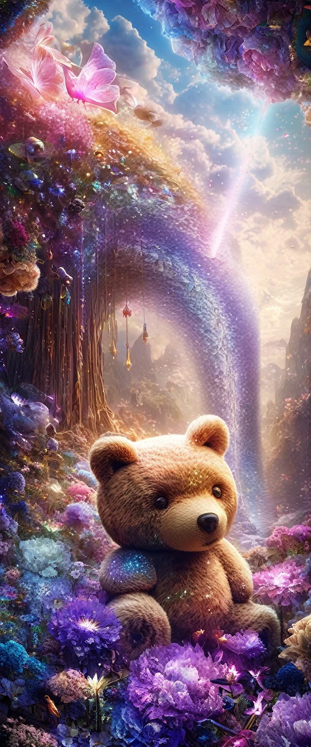 teddy bear, Fantasy World, Glitter effect, Conceptual installation art, (Super detailed, The absolute solution, Highest quality:1.3), 2.5D, delicate and dynamic, Iris Effect, artistic, Hyper, Graphics CG Digital Art