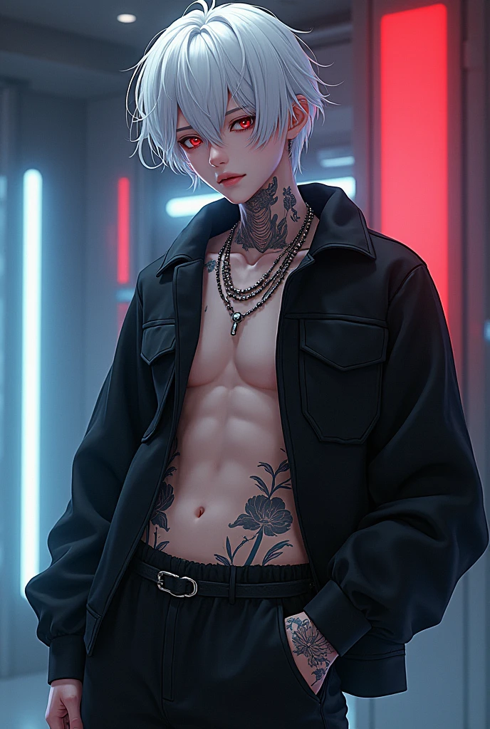 Handsome boy，The upper body is wearing underwear，Leaking out of the shoulder，Jacket jacket，The lower half of the body wears cargo pants，Booties，Line tattoo，cabelos preto e longos，Cyberpunk style，a broad shouldered，the night，fully body photo，a lot of tattoos