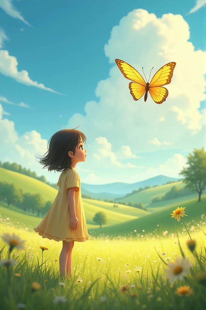 "A sunny afternoon in the countryside, where a beautiful golden butterfly flutters gracefully in the air, catching the attention of the girl as she watches in awe."