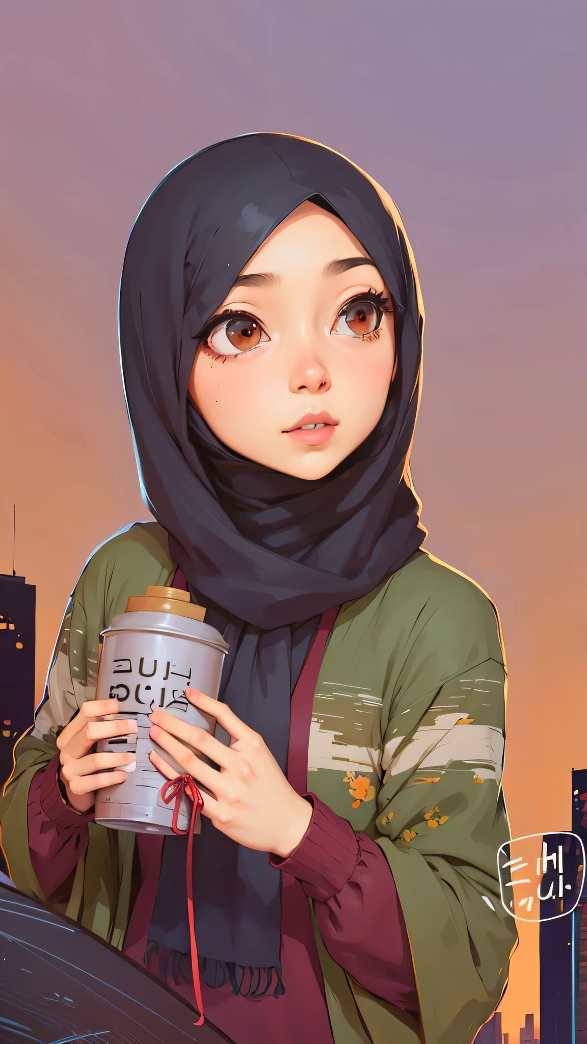 muslim woman in hijab holding abread in front of a city skyline, urban girl fanart, artwork in the style of guweiz, in an anime style, by Naza, by Ei-Q, high quality fanart, inspired by Fathi Hassan, in anime style, lofi portrait, 🤤 girl portrait, detailed fanart, inspired by Shaddy Safadi, with sunset