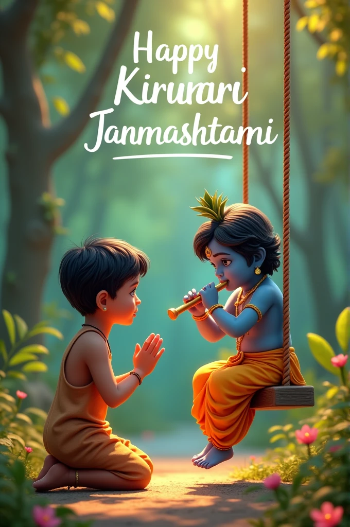create a 3D realistic picture "A boy is worshiping Shree Krishna and Shree krishna is sitting on a swing and playing flute and "Ajay" is written on the boy's t-shirts and the boy is worshiping and in the background "Happy Janmashtami" is written in bold font clearly, make sure everything should be correct