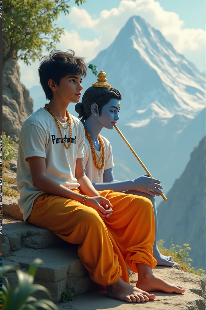 Create a 3d image of 20 year old Indian devotional boy who is sitting next to krishna ji and Krishna ji playing the flute, they both sit together on the mountain,boy wearing T-shirt Name “Purushotm” written on it, heaven like beautiful view background, peacock dancing,realistic image and boy is in barefoot.
