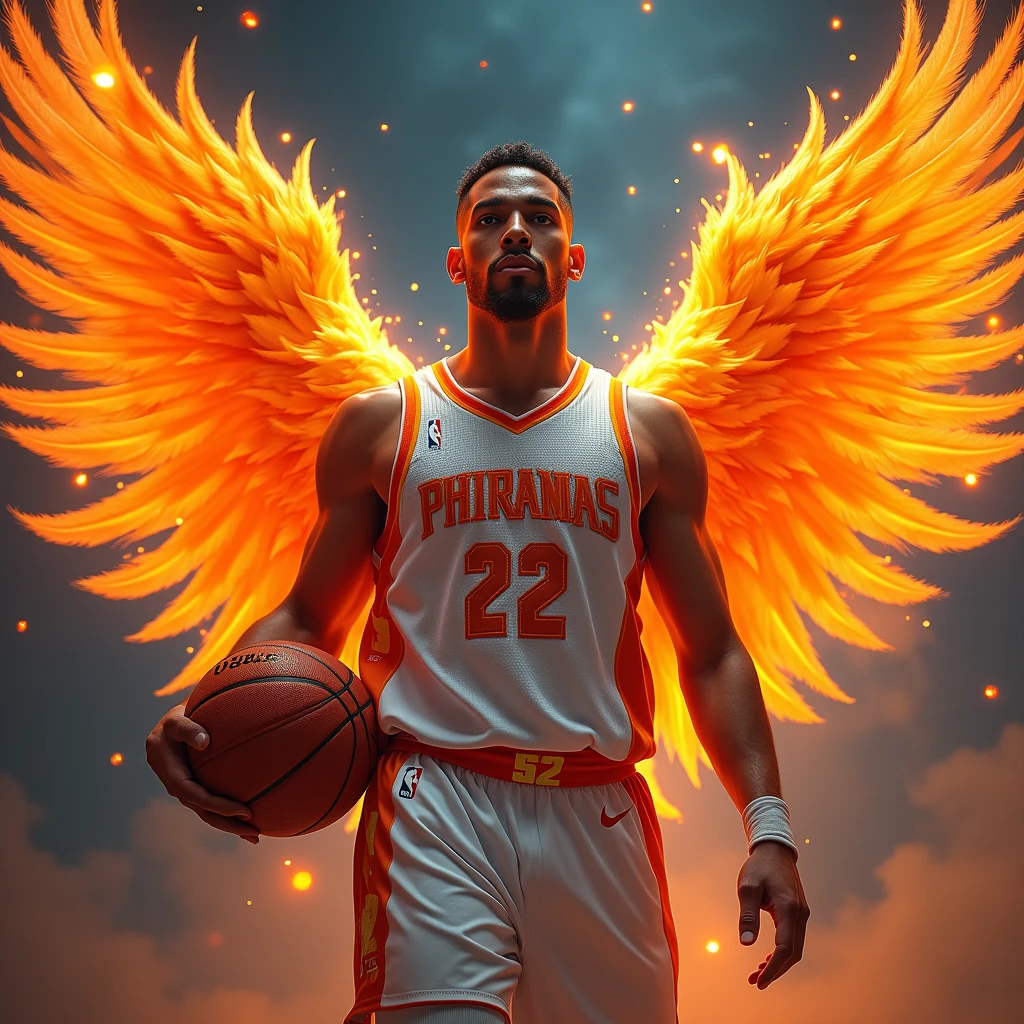 A detailed, fantasy sports team player portrait of a phoenix basketball player, "Phoenix" logo on uniform, highly detailed face with beautiful eyes and lips, muscular athletic body, phoenix wings, holding a basketball, dynamic action pose, dramatic lighting, digital art, vibrant colors, intricate details, 8k, photorealistic, cinematic