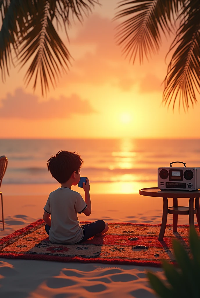 A young boy enjoying the sunset on the beach with a cup of coffee, a carpet is laying and a tape recorder is playing , a table and a chair, a camp on the beach 