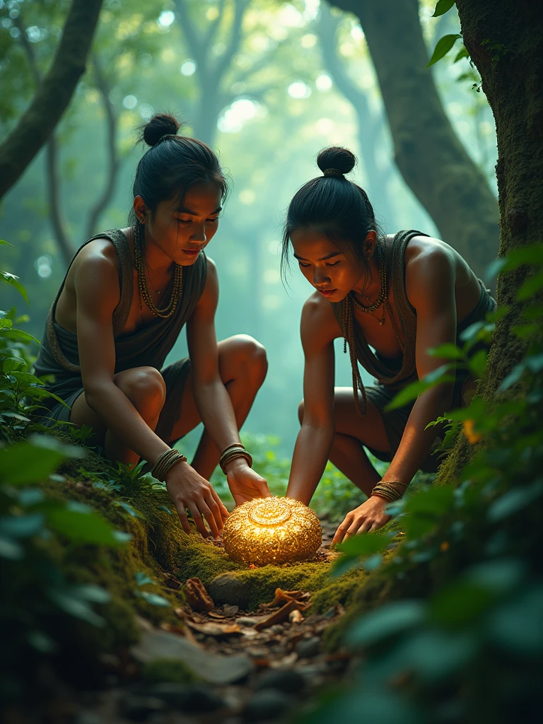 Two Cambodian hunters sit near a treasure in the forest, looking from behind