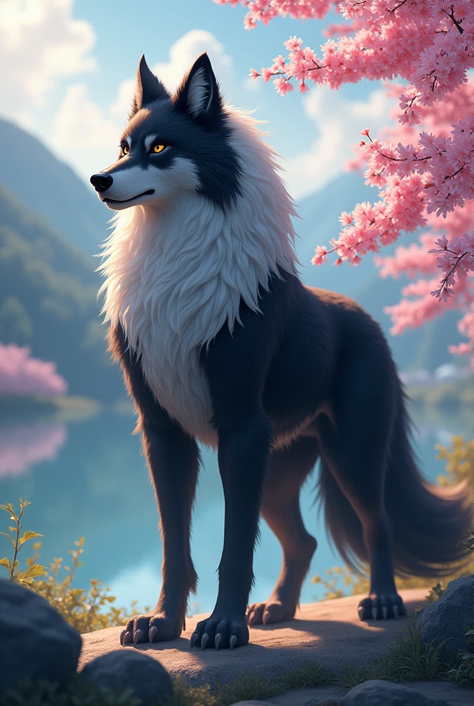 Male werewolf , Erect penis, Long white hair , Black body , White belly , White Face , Bright cherry blossoms blooming on the lakeside , Gentle eyes gazing into the distance