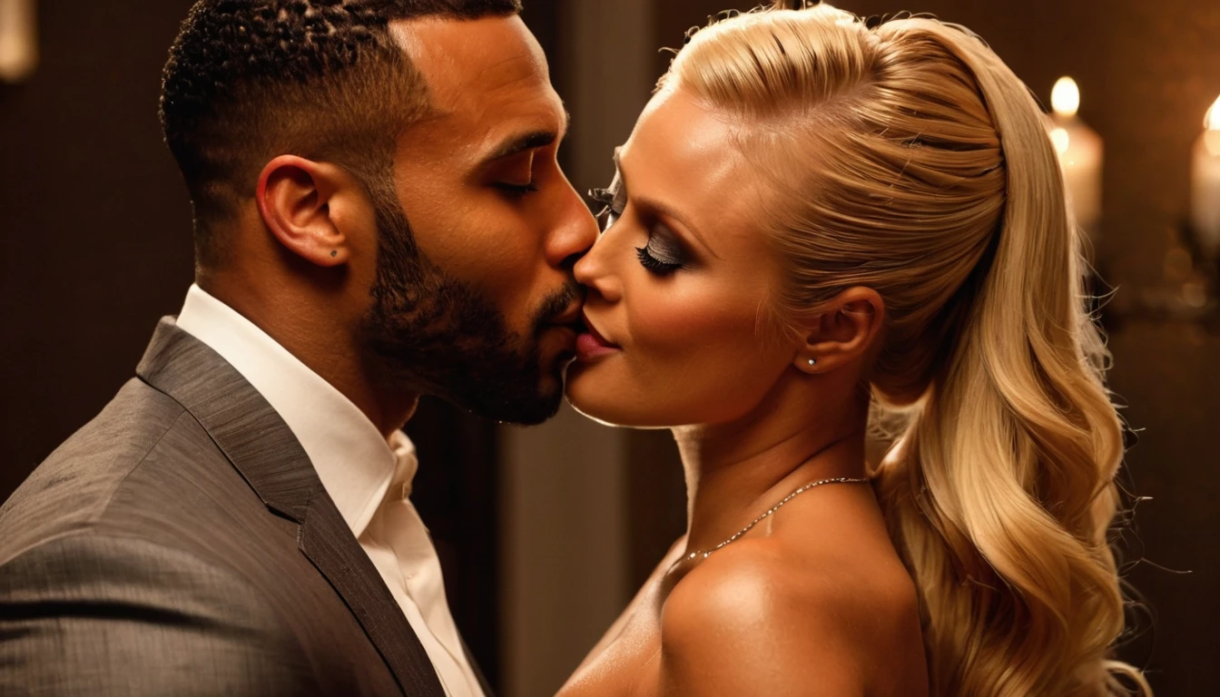 Paris Hilton and a handsome African American male whose facial features are a combo of Omari Hardwick + Jason Derulo share a steamy kiss inside a bedroom lit only by candlelight. Paris has lovely makeup on her face. Nighttime. Romantic ambiance. Symmetrical eyes. Symmetrical faces. Lovely details. Photorealistic. Full-colored photo. Professional photo. Highly detailed 8K.