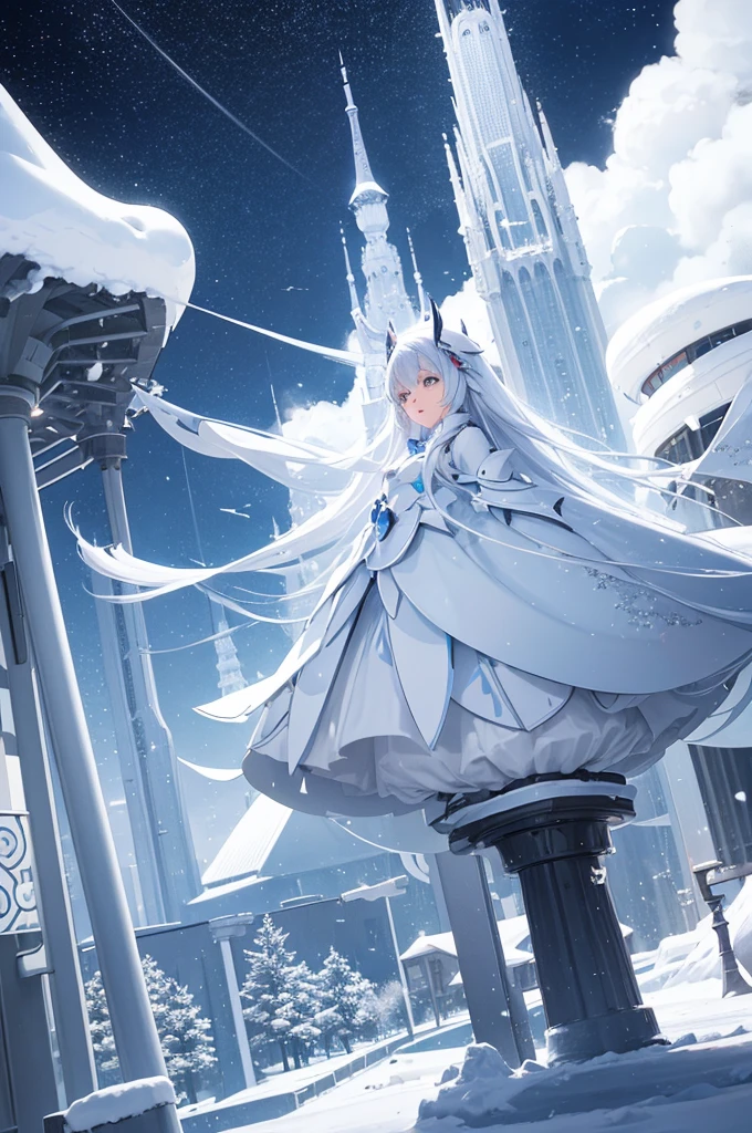 A futuristic landscape with a thin layer of pure white snow spreads out before you.。In the center stands a beautiful tower.、Colorful lights spread across the sky。Anime-like characters are having fun playing on the snow.。the sky is clear、It&#39;s like a dream world.。
