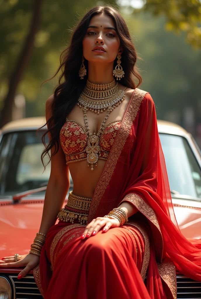 Beautiful Tan colour girl sitting on car with red satin saree dress and heavy amount of jewellery from heaven