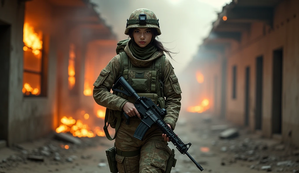 Photorealistic、Realistic skin texture、Automatic rifle、high resolution、High definition、Arabian-Japanese girl in camouflage uniform、Very beautiful 1 female soldier、Carrying a military backpack、Wearing a military helmet、Holding an M16 rifle、Wear a bulletproof vest、The background is a burning building、Smoke rising from the battlefield、A long corridor in a building、Full body angle、Walking towards here、Watching the audience、