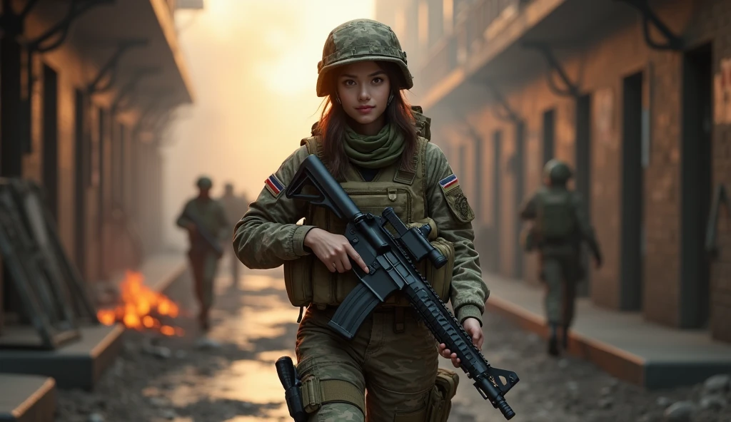 Photorealistic、Realistic skin texture、Automatic rifle、high resolution、High definition、Arabian-Japanese girl in camouflage uniform、Very beautiful 1 female soldier、Carrying a military backpack、Wearing a military helmet、Holding an M16 rifle、Wear a bulletproof vest、The background is a burning building、Smoke rising from the battlefield、A long corridor in a building、Full body angle、Walking towards here、Watching the audience、