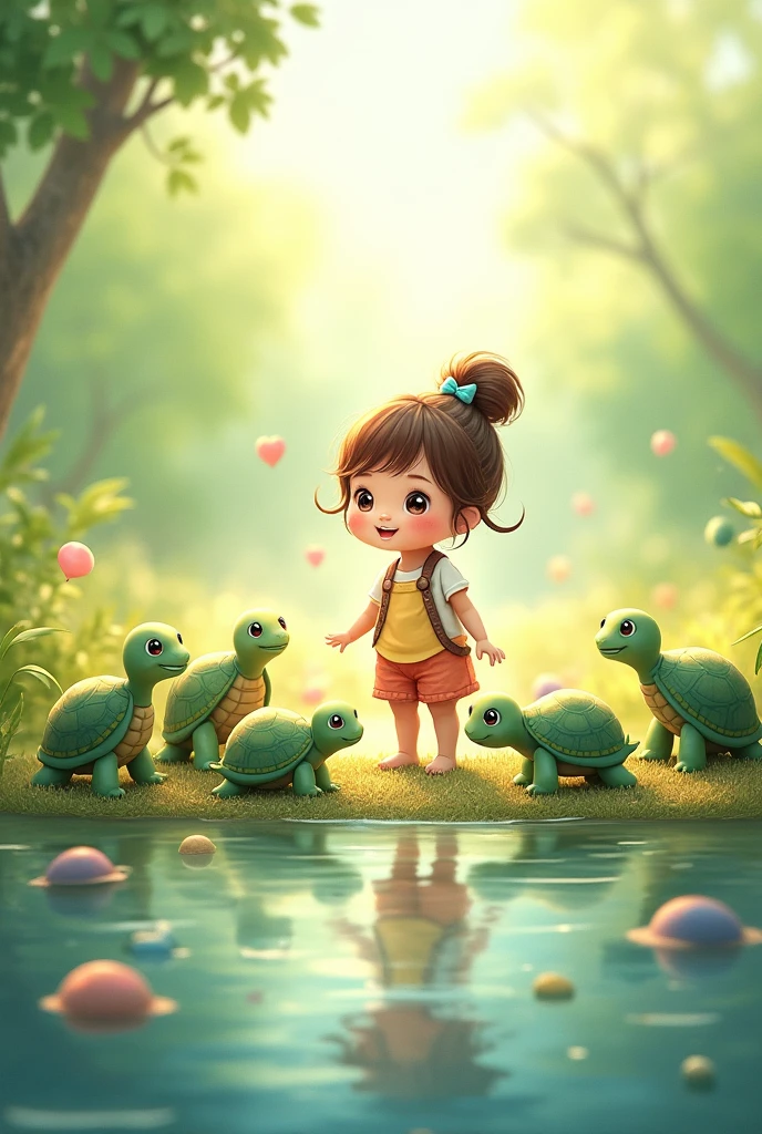 Draw a bunch of cute turtles,Then there was a person(girl),The whole thing looks cute,Cute illustration style