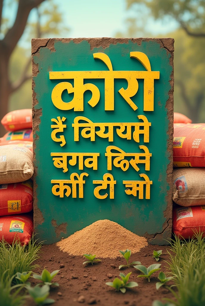 Create a poster of writted hindi text"बिना आधार कार्ड के खाद नहीं मिलेगा" With some creative images and fertilizer bags