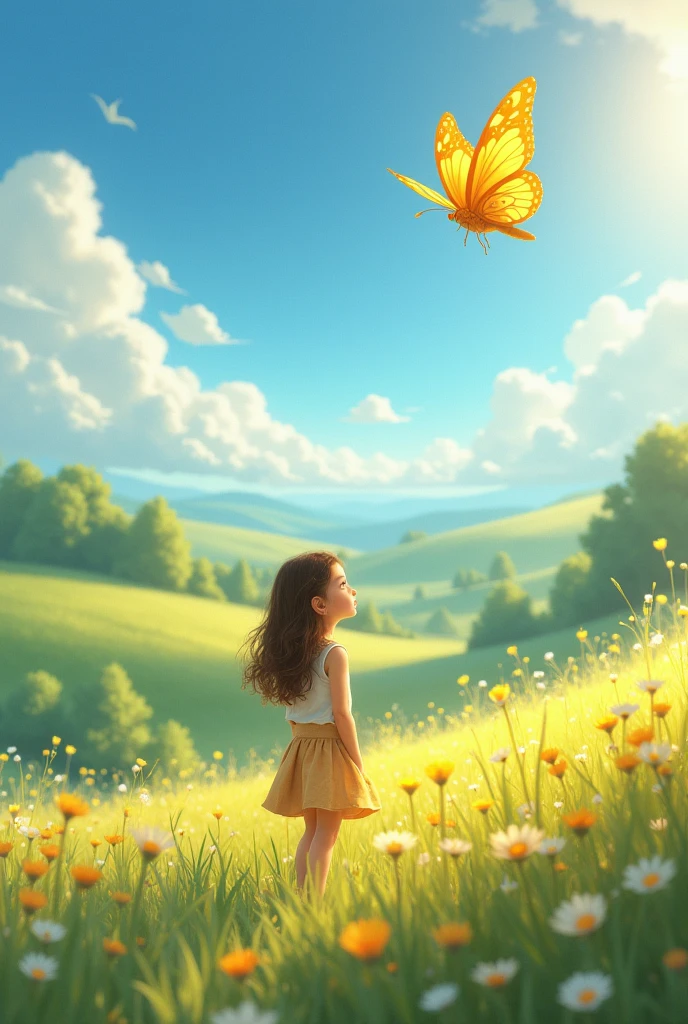 "A sunny afternoon in the countryside, where a beautiful golden butterfly flutters gracefully in the air, catching the attention of the girl as she watches in awe."
