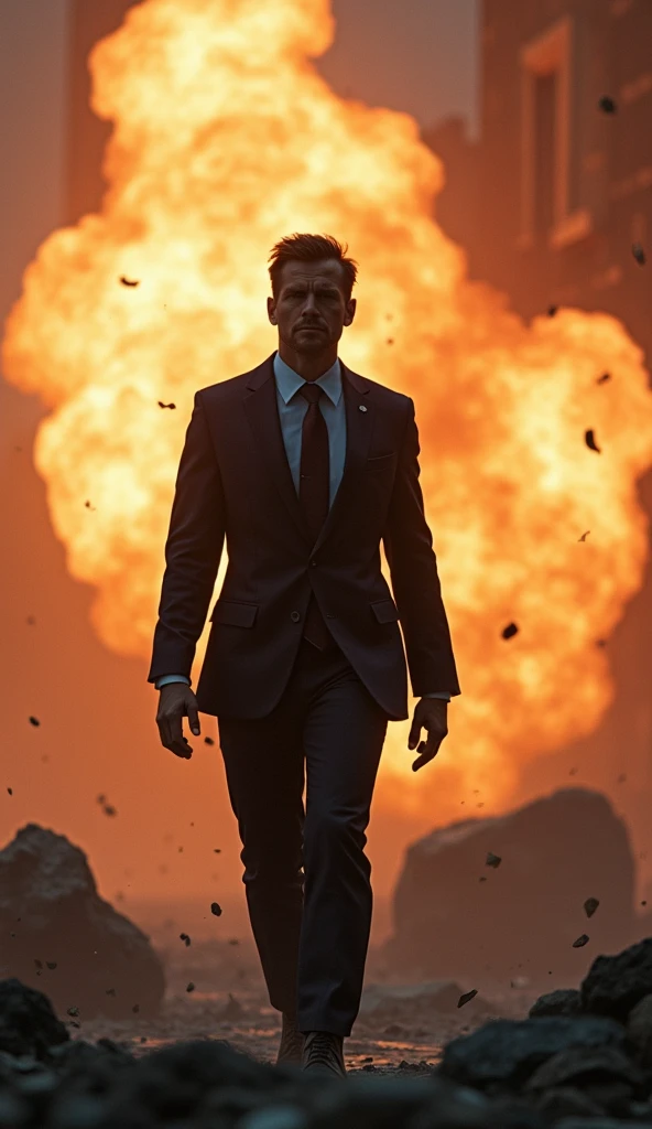 There was an explosion behind the agent.、(masterpiece: 1.2, Highest quality)