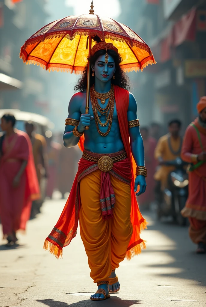Imagine Krishna bike ji the revered Hindu deity strolling down a bustling road he holds a colorful umbrella in his hand which contrasts with his traditiona