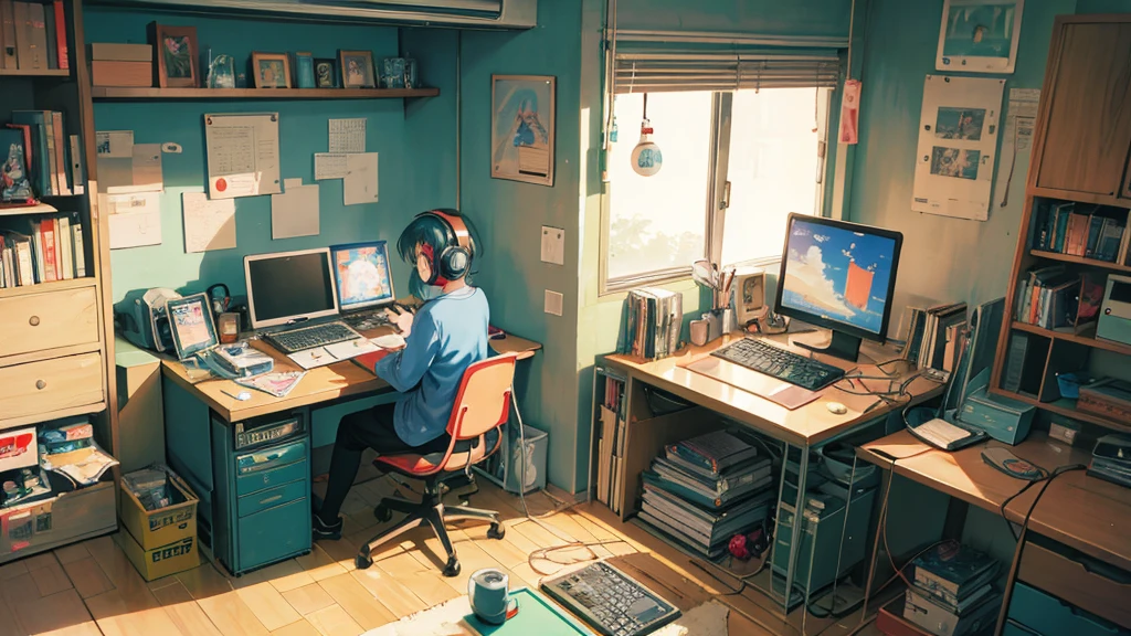 anime character sitting at a desk with a laptop and headphones, lofi artstyle, lofi, lofi hip hop, lofi girl, lofi art, satoshi kon anime, satoshi kon artstyle, inspired by Satoshi Kon, chillhop, satoshi - kon, lofi album art, studio ghibli composition, style of satoshi kon