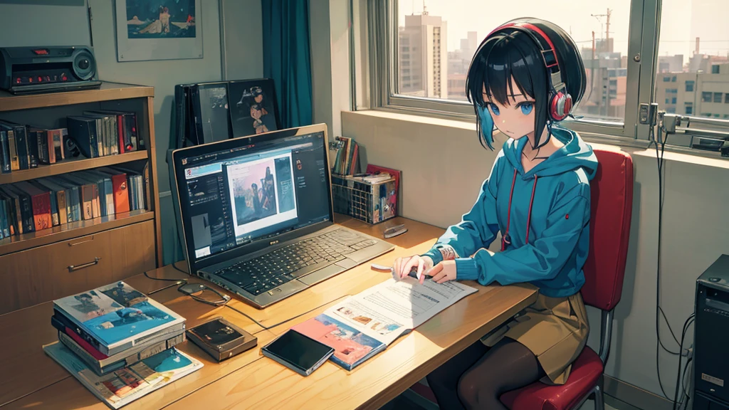 anime character sitting at a desk with a laptop and headphones, lofi artstyle, lofi, lofi hip hop, lofi girl, lofi art, satoshi kon anime, satoshi kon artstyle, inspired by Satoshi Kon, chillhop, satoshi - kon, lofi album art, studio ghibli composition, style of satoshi kon