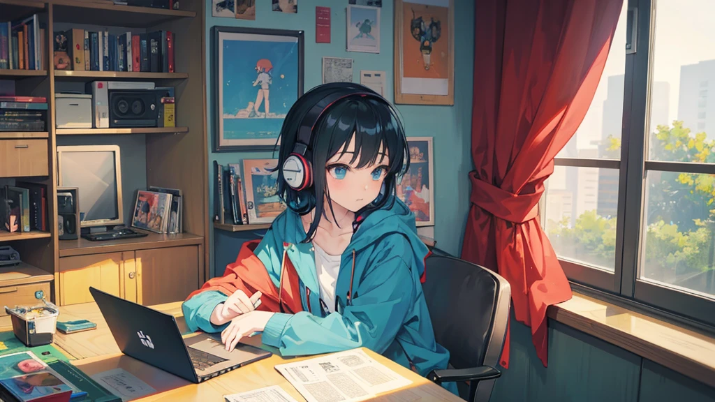 anime character sitting at a desk with a laptop and headphones, lofi artstyle, lofi, lofi hip hop, lofi girl, lofi art, satoshi kon anime, satoshi kon artstyle, inspired by Satoshi Kon, chillhop, satoshi - kon, lofi album art, studio ghibli composition, style of satoshi kon