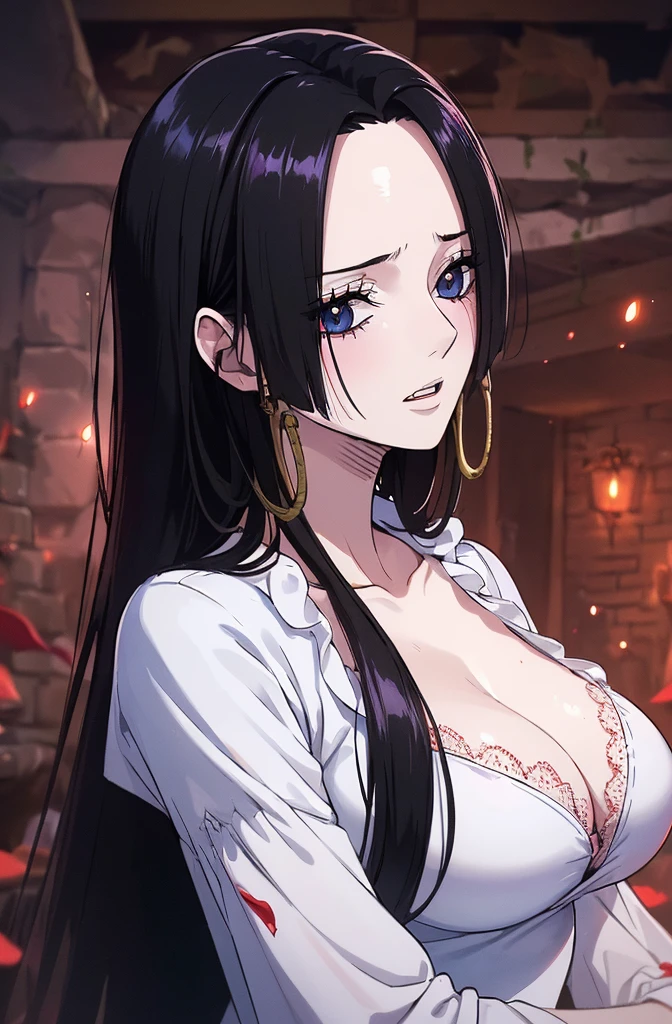 (best quality), (masterpiece), (highly detailed), (8K resolution), (1girl), (zombie-like Boa Hancock), (pale, lifeless skin with a faint pinkish hue), (cracked and weathered skin with slight blood stains), (long, flowing black hair with a disheveled appearance), (beautiful yet eerie facial expression), (glowing, haunting eyes with a seductive gaze), (slightly torn, elegant white dress with tattered edges), (sexy pose that contrasts her undead appearance), (red rope loosely wrapped around her body), (sharp, detailed fangs), (dark, dramatic lighting with soft white and pink highlights), (delicate, tattered black lace bra visible underneath the dress), (falling blood petals around her), (vines entangled around her limbs), (detailed wounds with subtle hints of blood), (faint blue veins visible under her pale skin), (captivating yet haunting presence), (mysterious, foggy background)