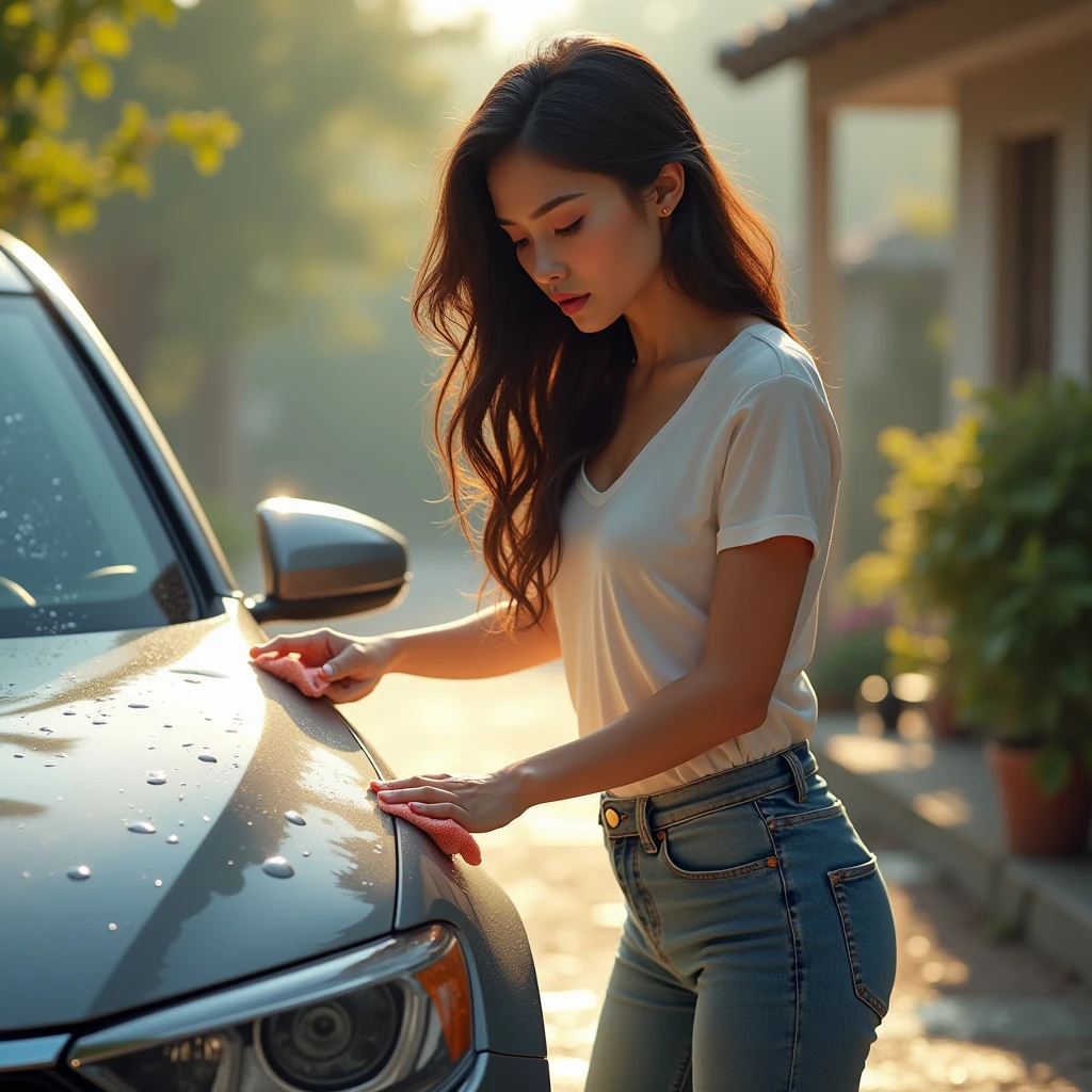 beautiful girl washing car