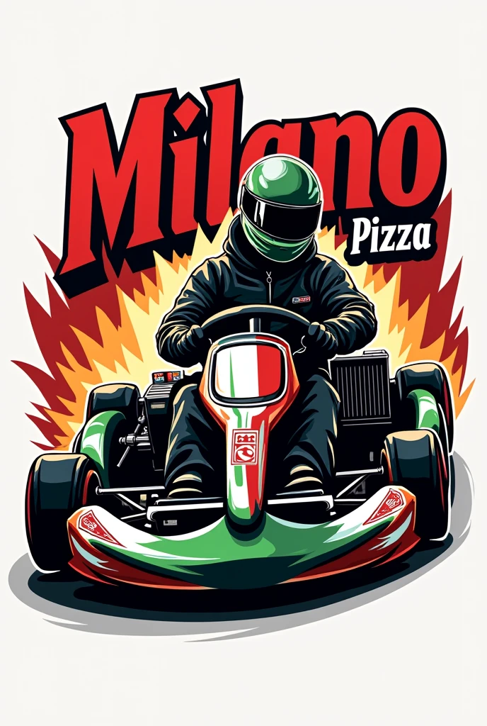 Logo "Milano Pizza",  pour la pizzeria du karting électrique,  aux couleurs de l'Italie , avec du noir en plus et un kart puissant, avec un pilote qui un casque intégral 