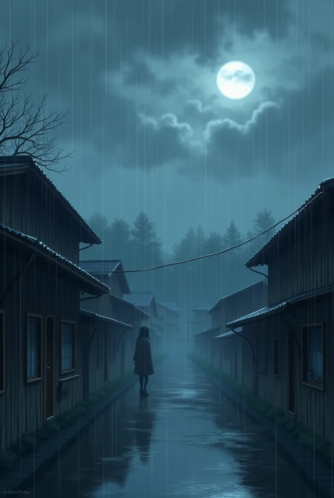 Generate a scenery of raining in the midnight with grey color accents in anime of a village