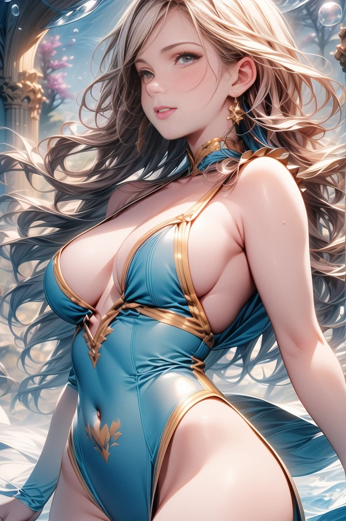 A photorealistic fantasy scene of a mature, tall, muscular man and a woman in a magical, dark, underwater environment, surrounded by rainbows, bubbles, swirling winds, and aurora lights. The woman is  from the waist up, with a unicorn tattoo. The scene is filled with intricate details, vivid colors, and a sense of wonder and mystery.

(photorealistic, masterpiece:1.2, ultra-detailed, 8k, hyper realistic, extremely detailed, intricate details, cinematic lighting, dramatic lighting, dark fantasy, adult, mature woman, tall muscular man,  torso, unicorn tattoo, underwater, bubbles, rainbow sunlight, mirrors, floating glass sheets, rainbow lights, bubble swirls, swirling winds, aurora, fantasy landscape, character surrounded by stars)