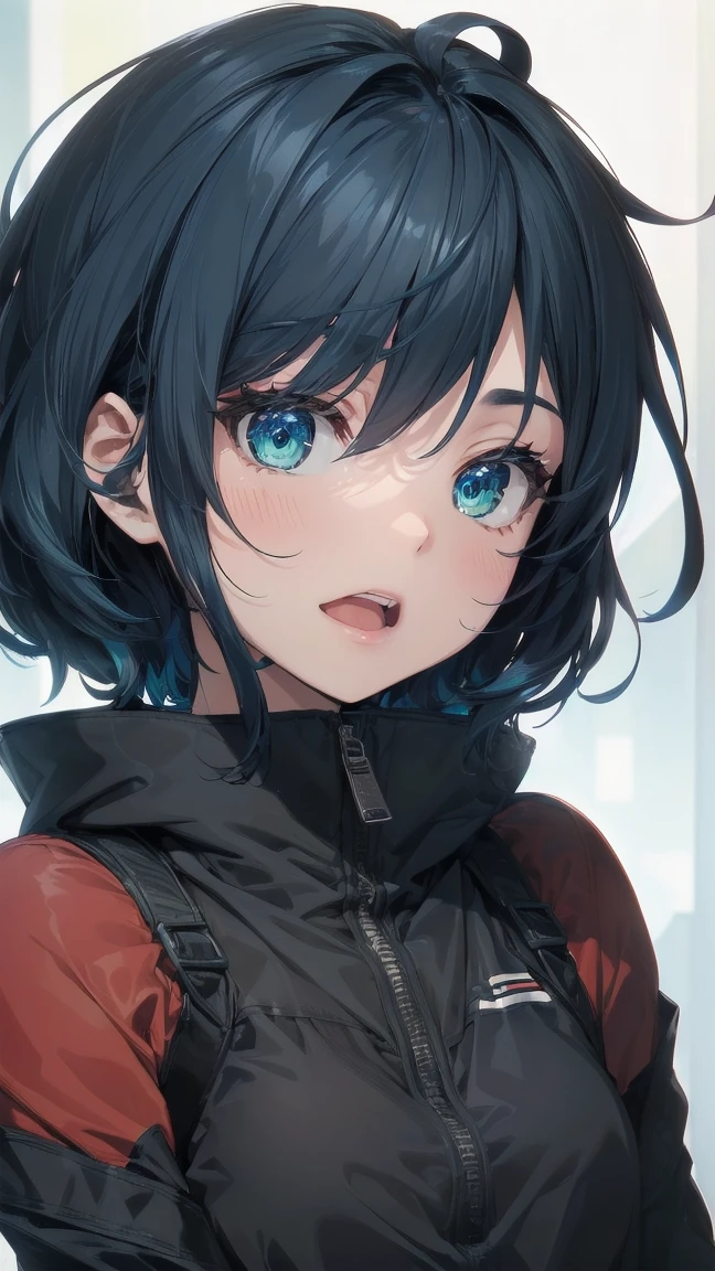 Close-up of a manga girl with blue hair and a yellow shirt, 2D Animation, 2D Animation style, 2D Art, 2D Art, 2D from Gorillaz, 2D from Gorillaz, 2D Gorillaz, Screaming Cerket, 2D Sprite, Jinx Face, short hair, Small breasts, hot pants, ((Black Hair, Inner bright blue hair:1.4)), R18, Nipples