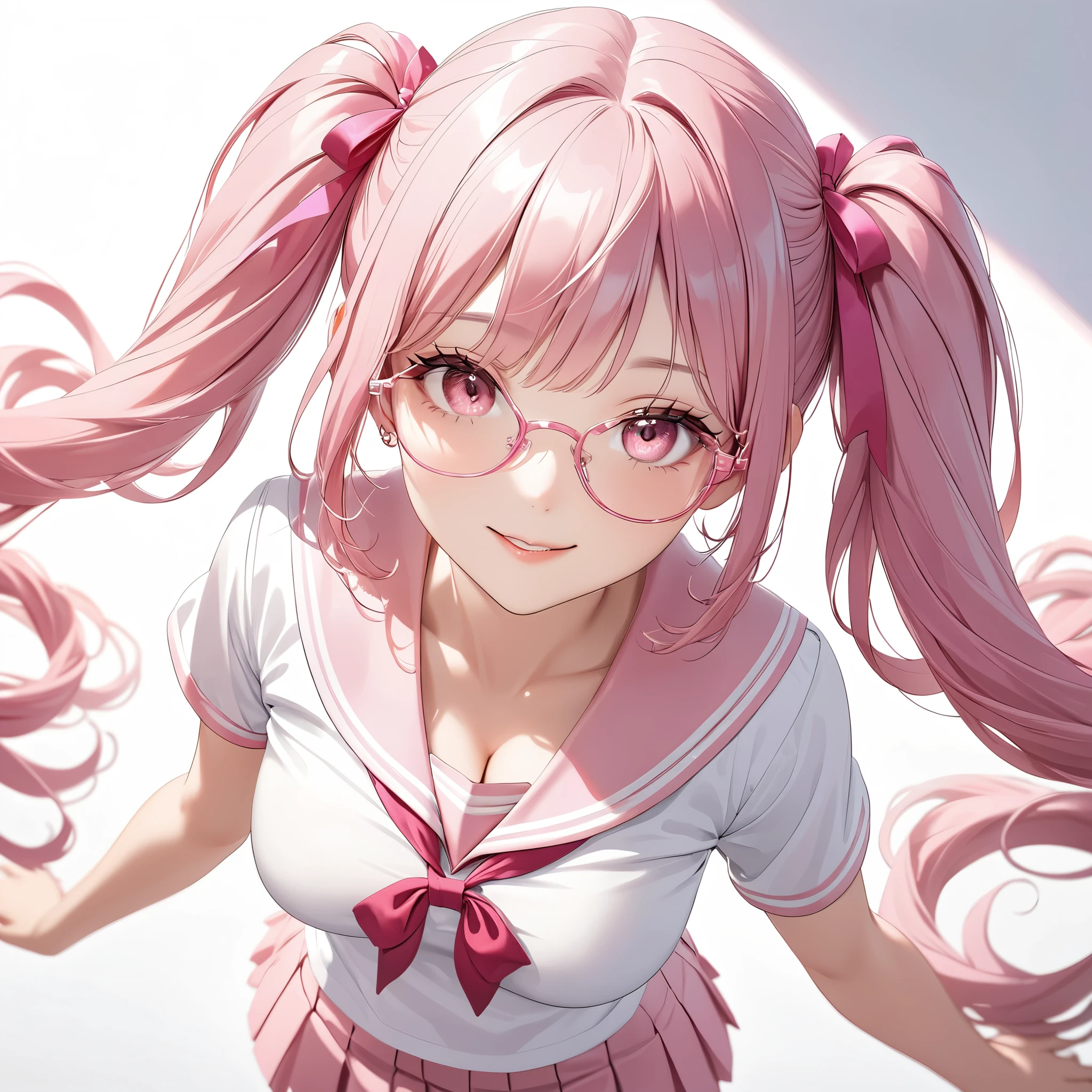 (8K, masutepiece, Best Quality, Official art, Breathtaking beauty and aesthetics, highly beautiful lighting, highly beautiful detailed), (1 Girl, Solo), (sixteen years old), (beautiful detailed face), (shiny white skin), (Beautiful big bust, cleavage, thighs, navel focus:1.3), (beautiful detailed pink twin tails hair, Bangs:1.3), (beautiful detailed drooping pink eyes:1.5), (pink glasses:1.3), (high school uniform:1.3), (patsel pink sailor collar, white short sleeves short length outing shirt, pastel pink pleated skirt, patsel pink ribbon:1.3), (happy smile:1.2), (Attractive, sensational, look at the camera, cute pose, lying, lie on her back, from above:1.3), (simple white plain background:1.5),
