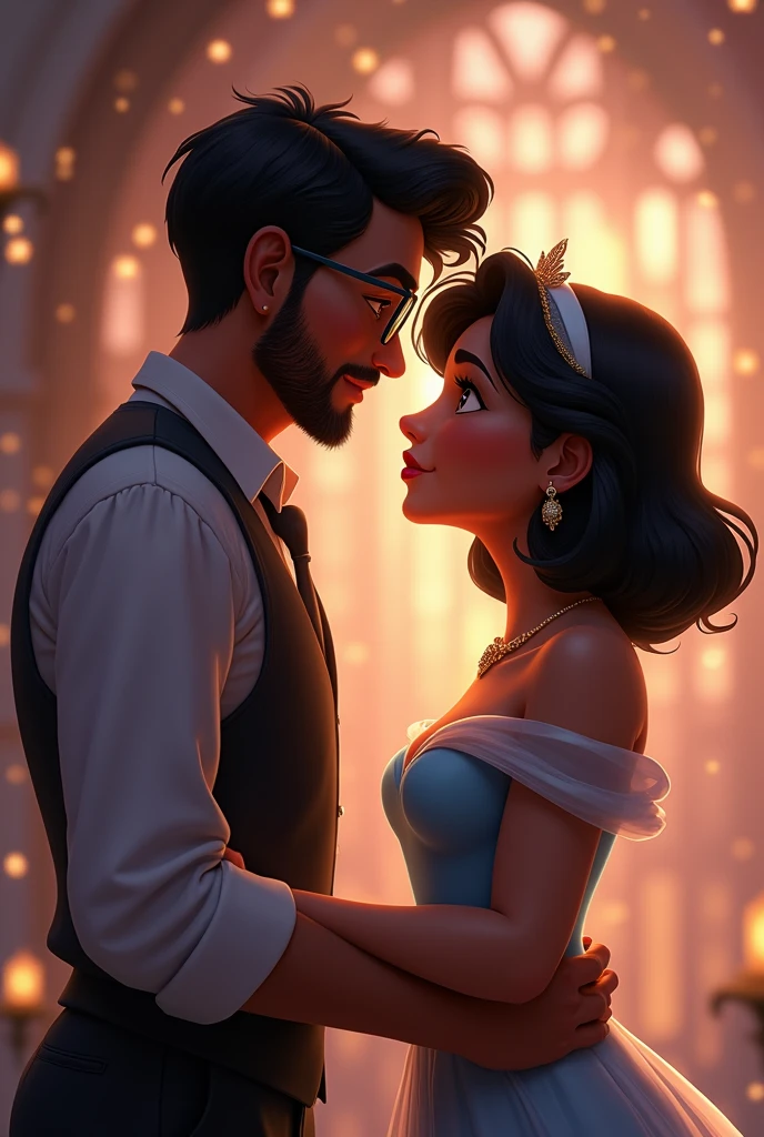 a young guy with trim beard formals dusky skin and glasses bit fat proposing princess jasmine with short curly hair 